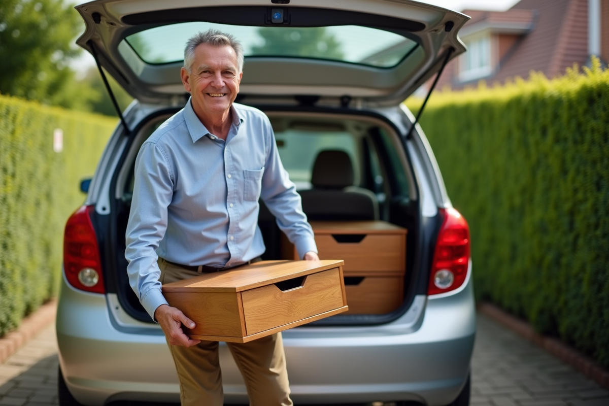 Homme chargeant une table dans une voiture en extérieur