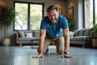 Homme d'âge moyen touchant un sol en béton poli dans un salon moderne