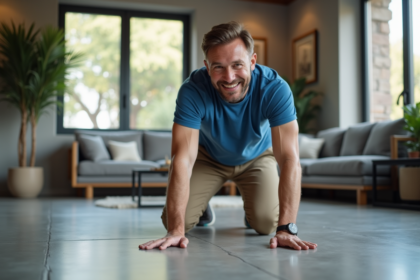 Homme d'âge moyen touchant un sol en béton poli dans un salon moderne