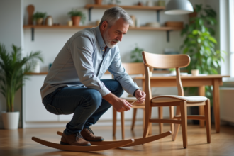 Homme d'âge moyen examine une chaise en bois dans une cuisine lumineuse