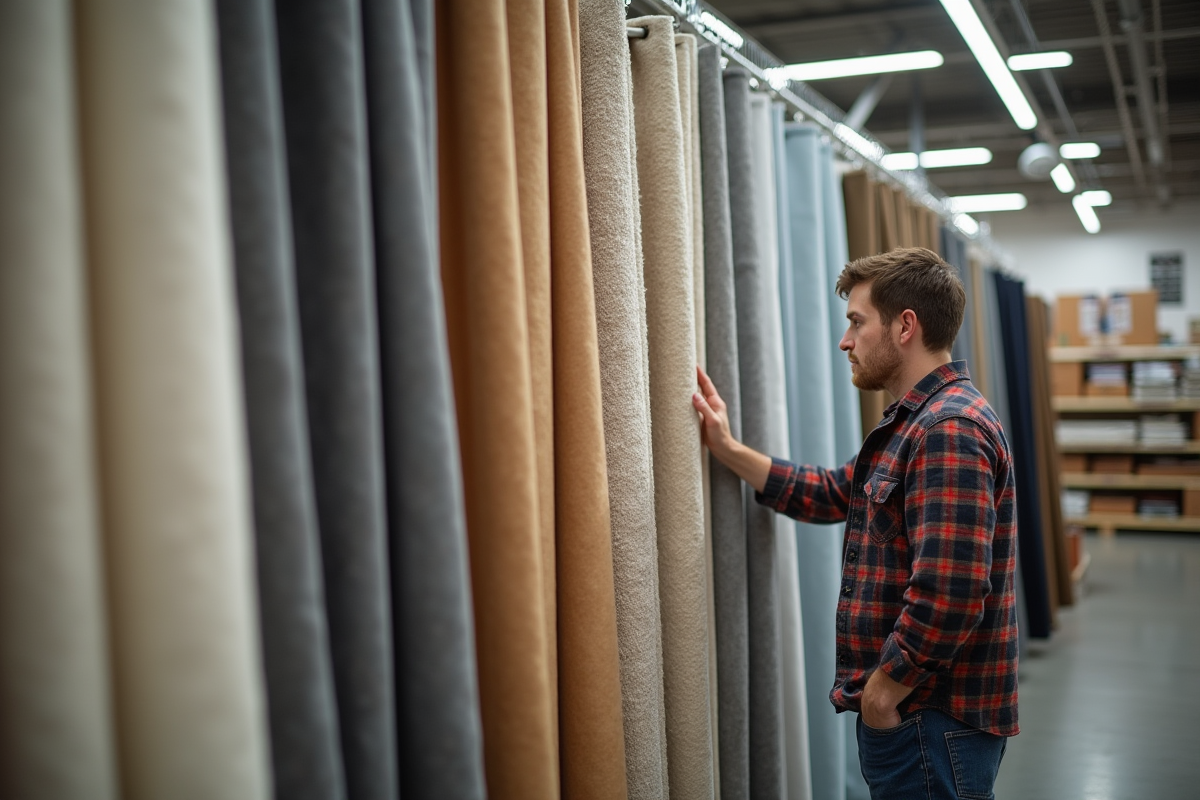 Jeune homme examinant des rideaux isolants en magasin