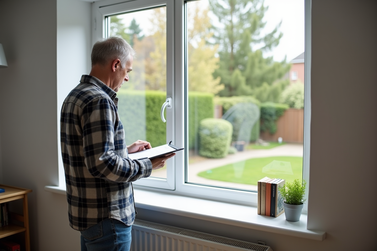 Homme d'âge moyen examine une fenêtre double vitrage dans un salon