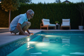 Homme d'âge moyen ajustant un éclairage LED dans une piscine extérieure