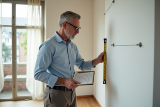 Homme mesurant un mur dans un salon lumineux