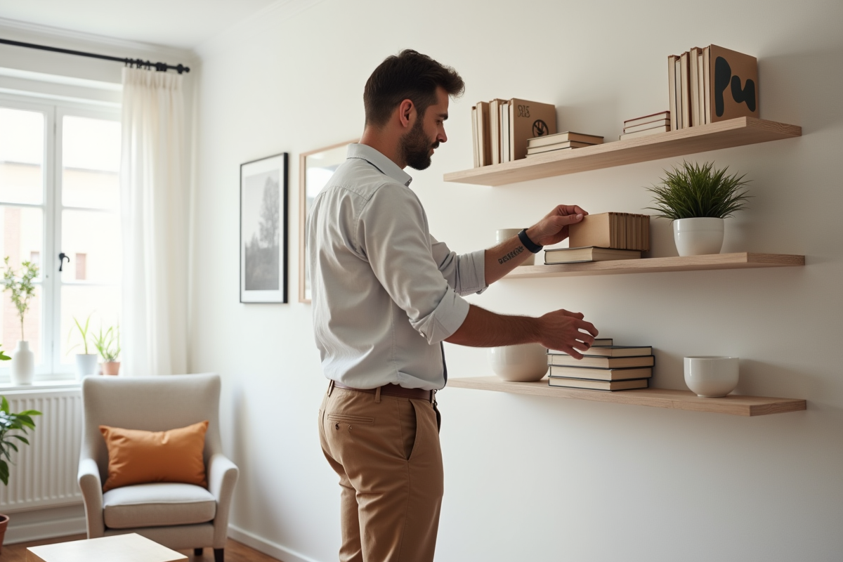 Homme arrangeant des livres sur une étagère moderne
