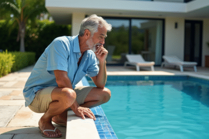 Homme d'âge moyen examine des carreaux de piscine bleus à l'extérieur