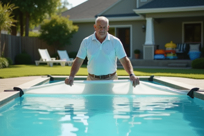 Homme en polo et shorts tirant une couverture de piscine