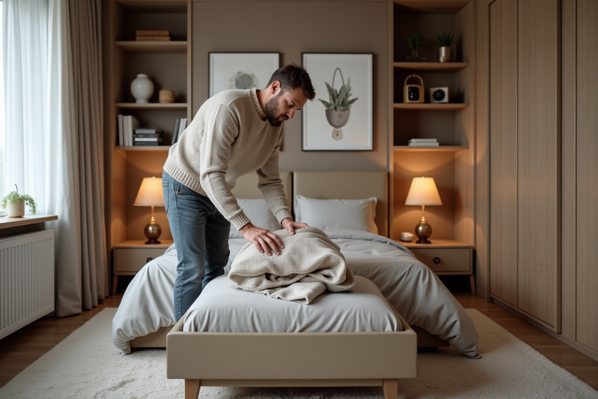 Homme pliant une couverture dans une chambre organisée