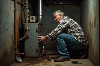 Homme d'âge moyen répare une vieille chaudière dans un sous-sol