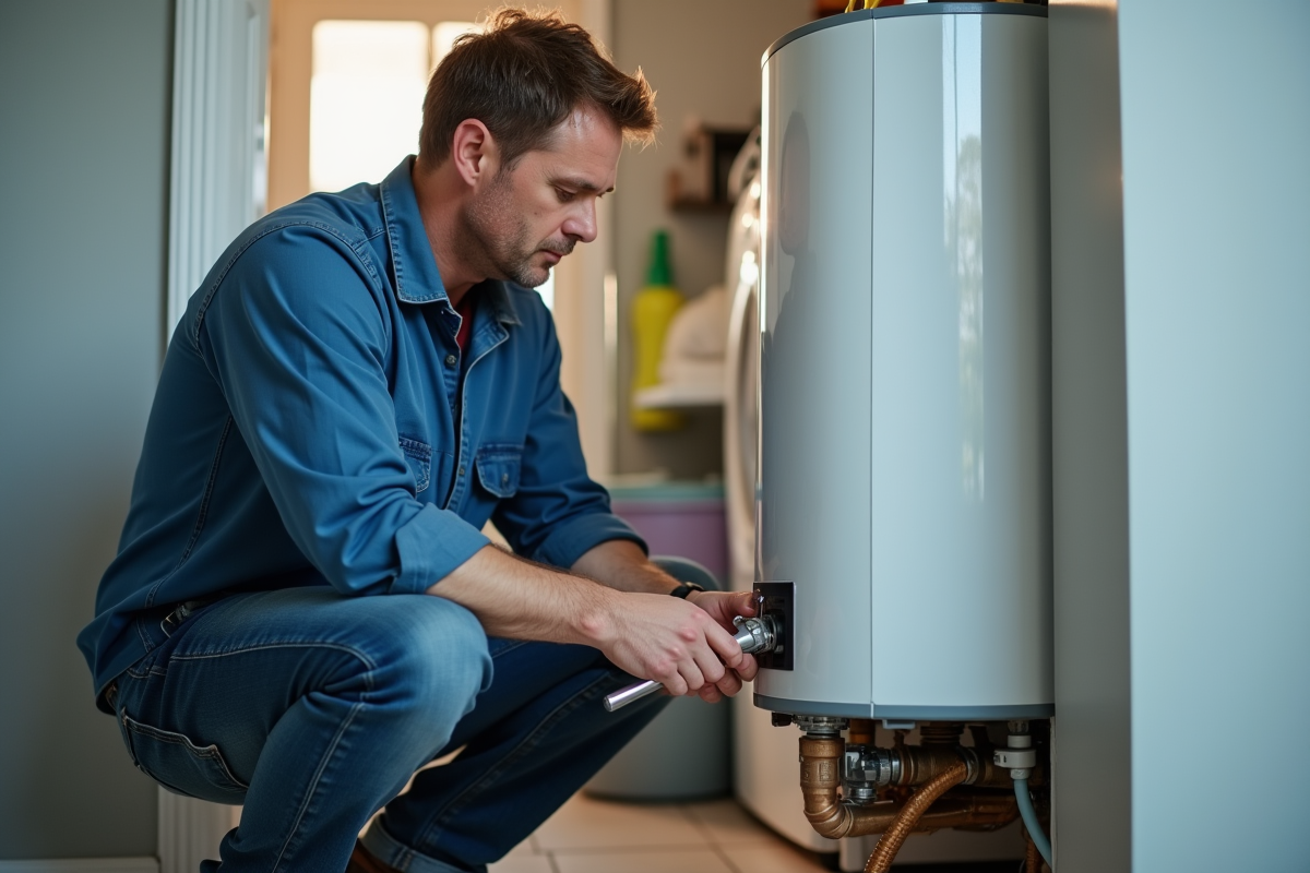 Homme d'âge moyen réajustant une vanne d'eau chaude