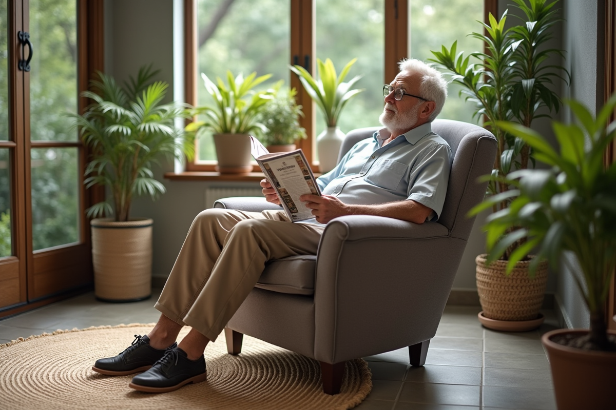 Homme âgé relaxant dans un fauteuil en lisant un magazine