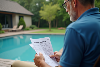 Homme d'âge moyen vérifiant une notice fiscale près d'une piscine