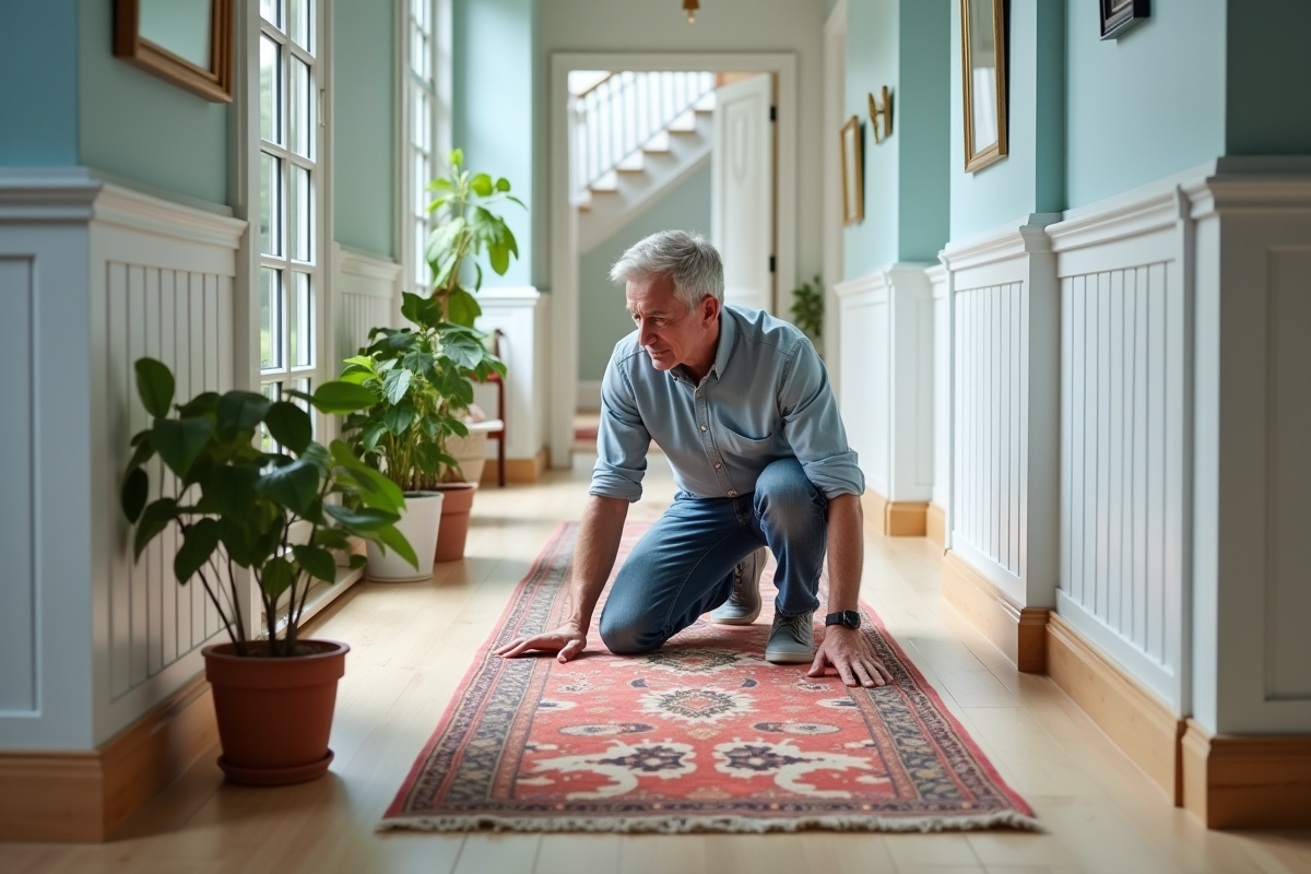 Homme ajustant un tapis coloré dans un couloir scandinave lumineux