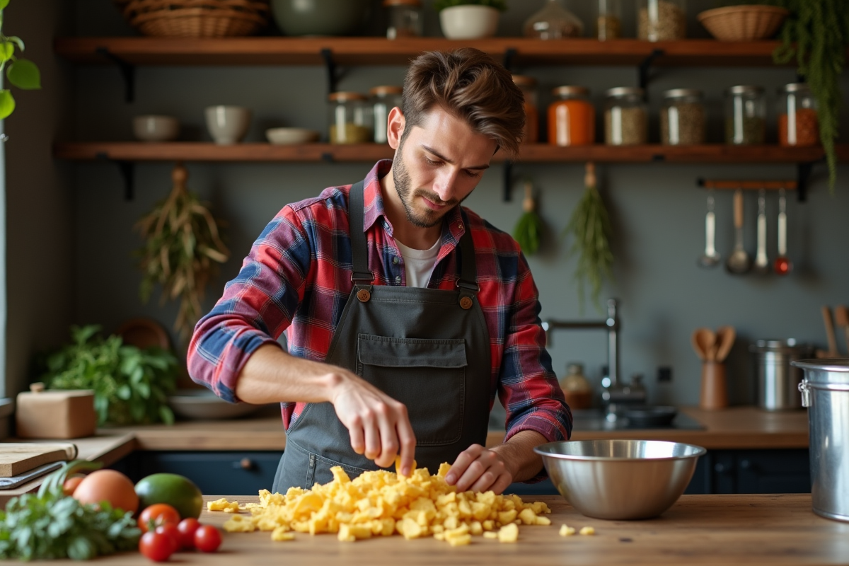 Jeune homme trie des déchets de cuisine dans une cuisine rustique