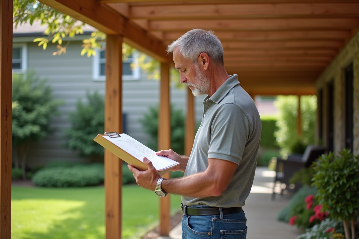Homme d'âge moyen vérifiant des papiers près d'une pergola dans son jardin