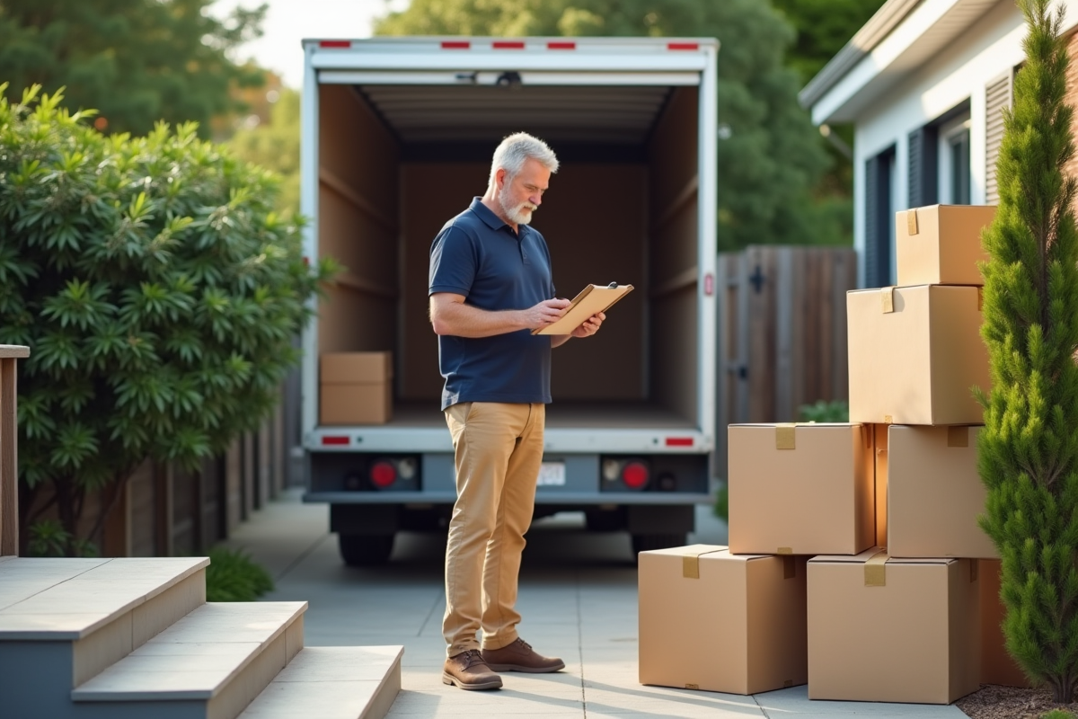 Homme compare des boîtes de déménagement devant un camion
