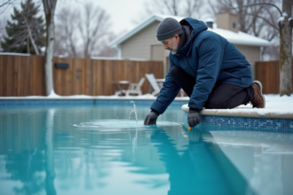 Homme vérifiant le niveau d'eau d'une piscine extérieure en hiver