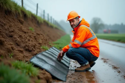 Ingénieur civil en veste orange examine des tapis de renforcement en pente