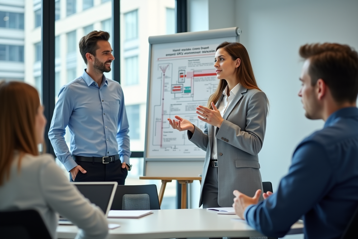 Ingénieure en réunion expliquant un diagramme technique
