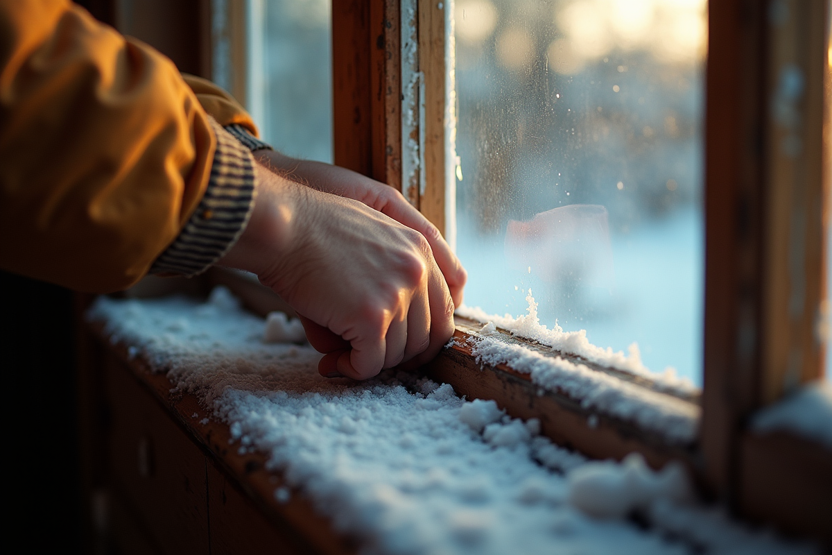 Main scellant une vieille fenetre avec du ruban isolant en hiver