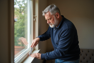 Homme appliquant du ruban isolant sur une fenêtre dans un salon