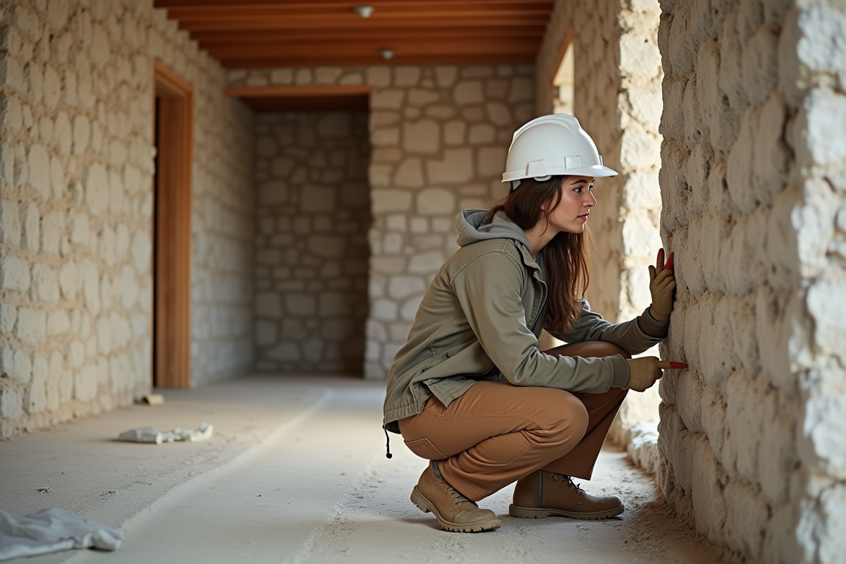 Jeune femme inspectant isolation recyclée en intérieur