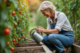 Femme moyenne âge arrosant tomates dans jardin