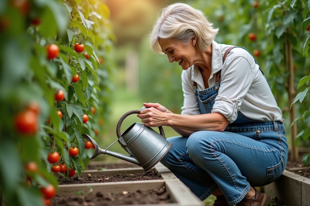 Femme moyenne âge arrosant tomates dans jardin