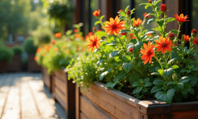 Balcon avec jardiniere de fleurs et herbes fraîches en plein soleil