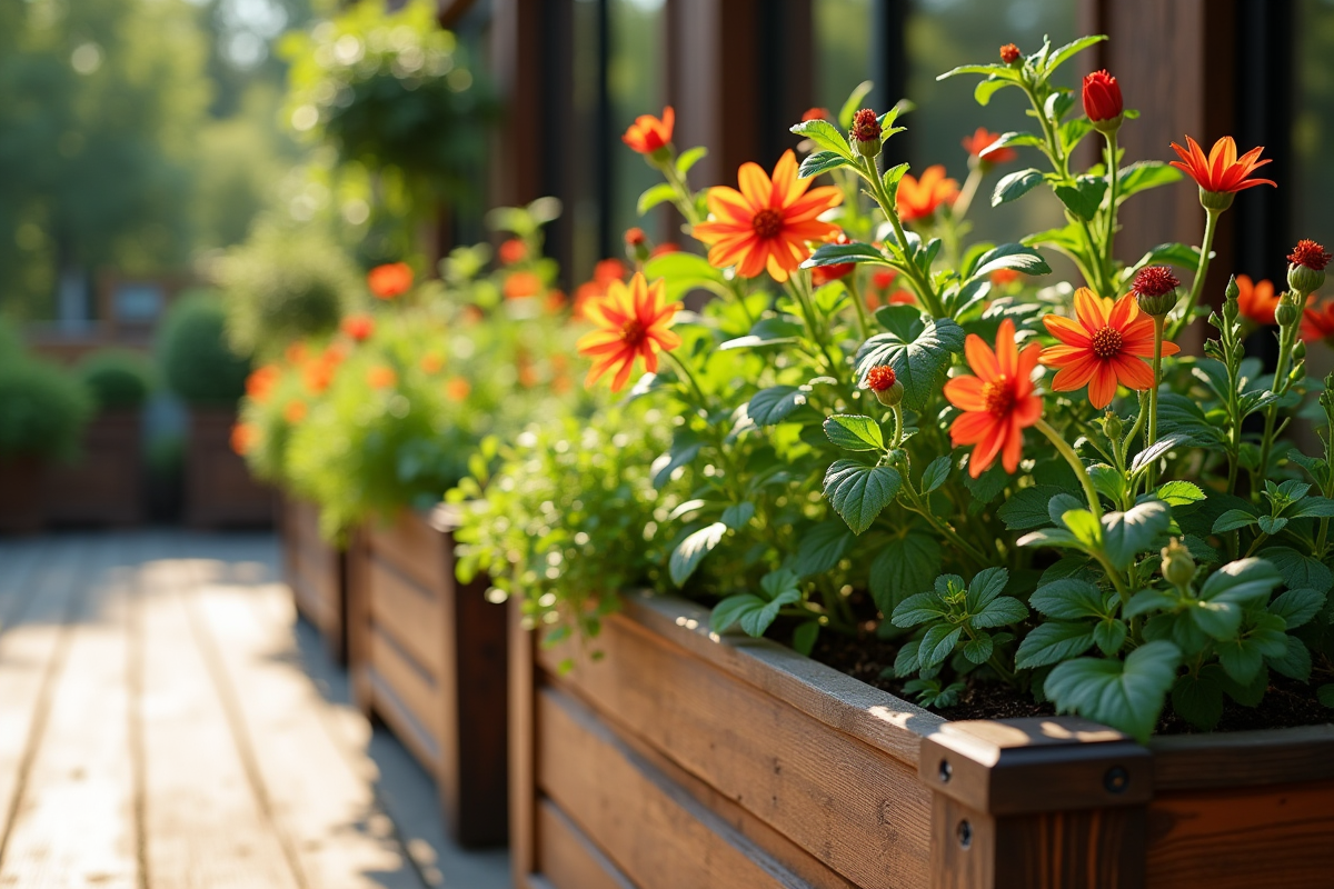 Balcon avec jardiniere de fleurs et herbes fraîches en plein soleil