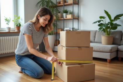 Jeune femme mesure une boîte de déménagement dans un appartement moderne