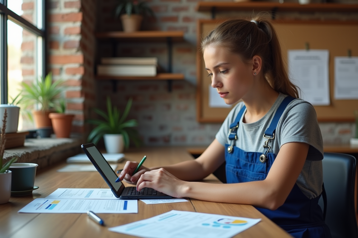 Jeune femme plombier calculant des coûts sur une tablette dans un bureau
