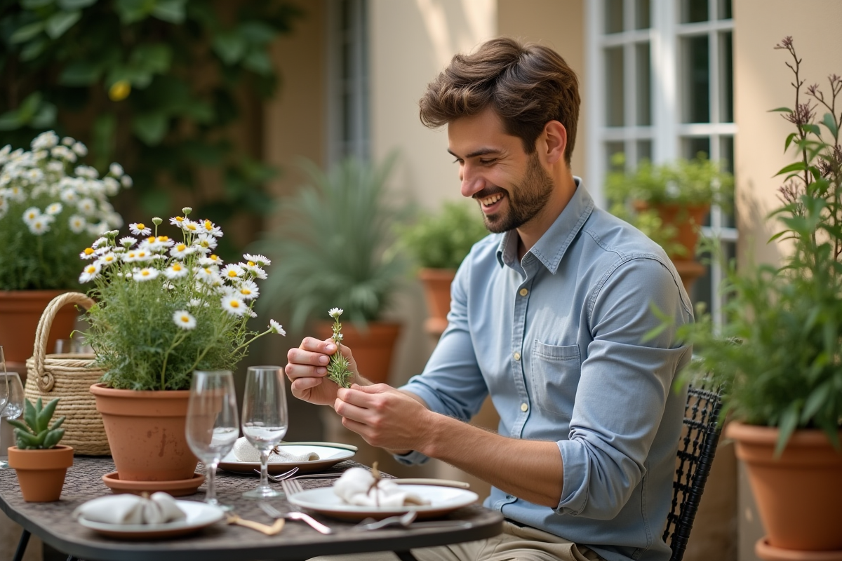 Jeune homme tressant des guirlandes de marguerites en extérieur