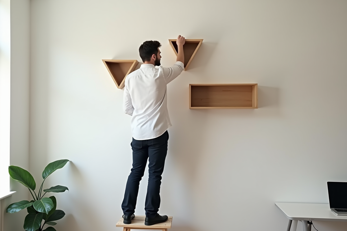 Jeune homme fixant des étagères en bois dans un bureau