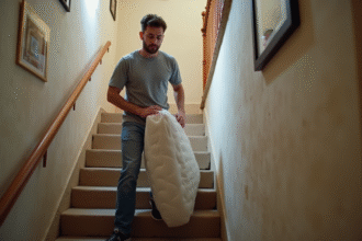 Jeune homme descend un matelas dans un escalier étroit