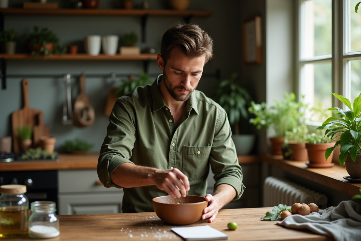 Jeune homme préparant un anti-épines maison en cuisine