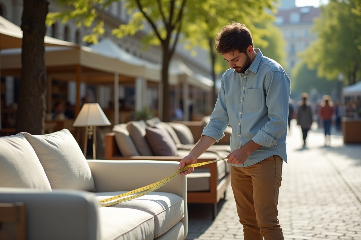 Jeune homme mesurant un canapé au marché en plein air