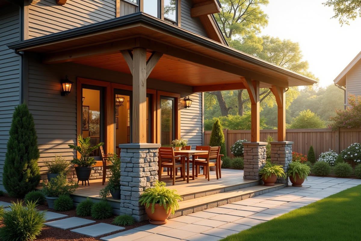 Maison de style craftsman avec veranda en bois et ambiance chaleureuse
