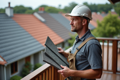 Couvreur homme d'âge moyen examinant des échantillons de toiture