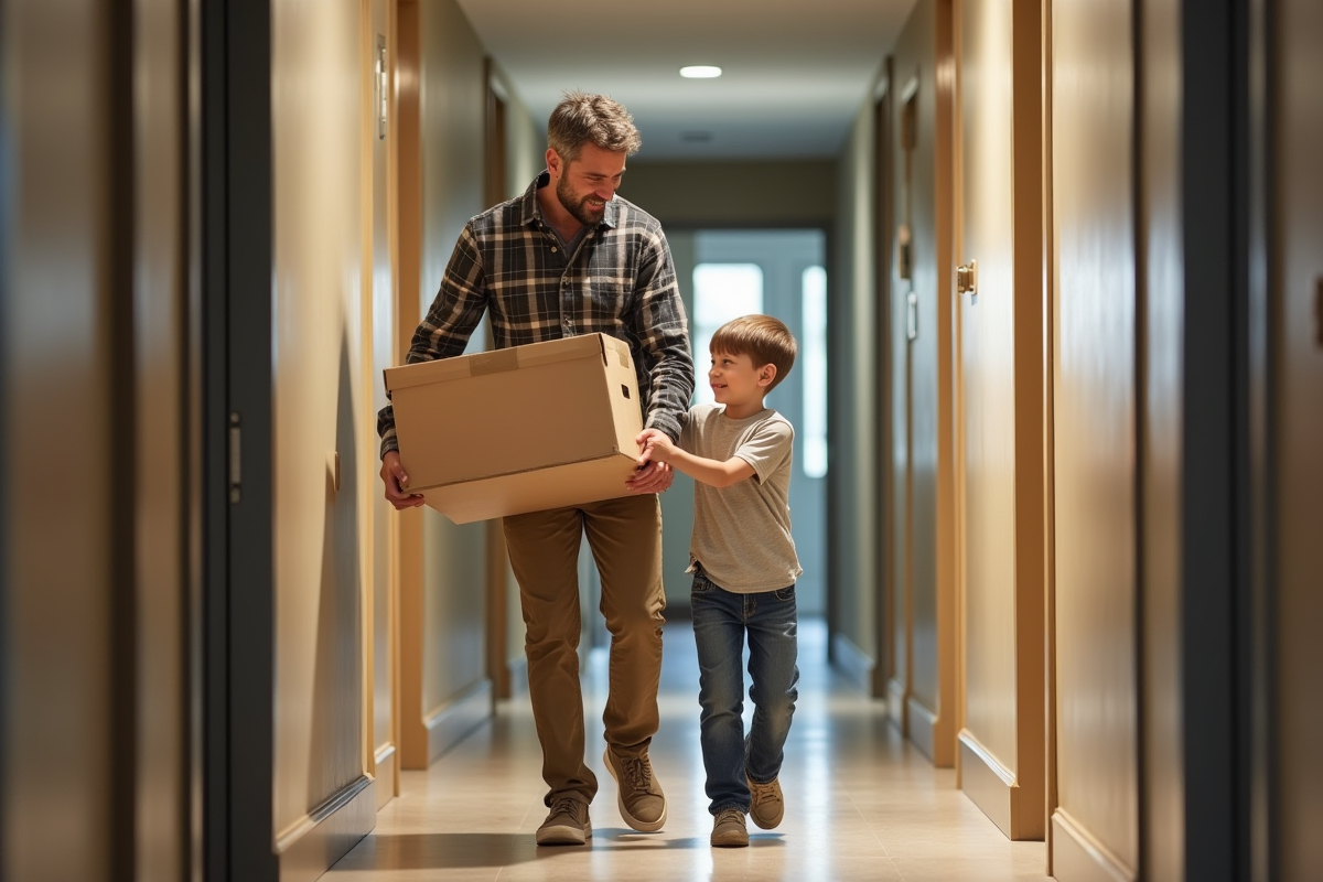Père aidant son fils à porter une boîte dans un couloir