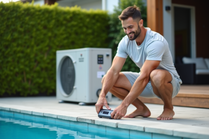 Homme d'âge moyen ajustant un thermostat de piscine extérieur