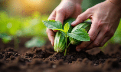 Mains de jardinier plantant des jeunes concombres dans la terre