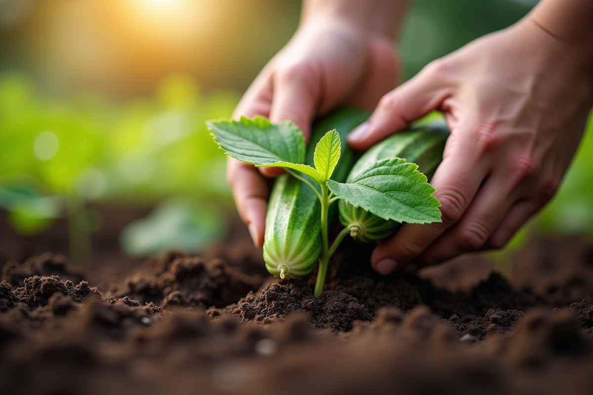 Mains de jardinier plantant des jeunes concombres dans la terre