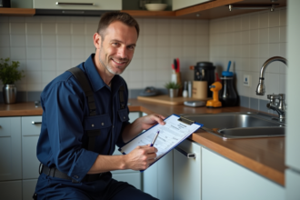 Plombier homme en uniforme vérifiant un devis dans une cuisine moderne