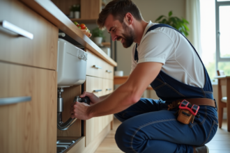 Plombier homme en cuisine moderne en train de serrer un tuyau