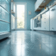 Porte de freezer ouverte dans une cuisine lumineuse