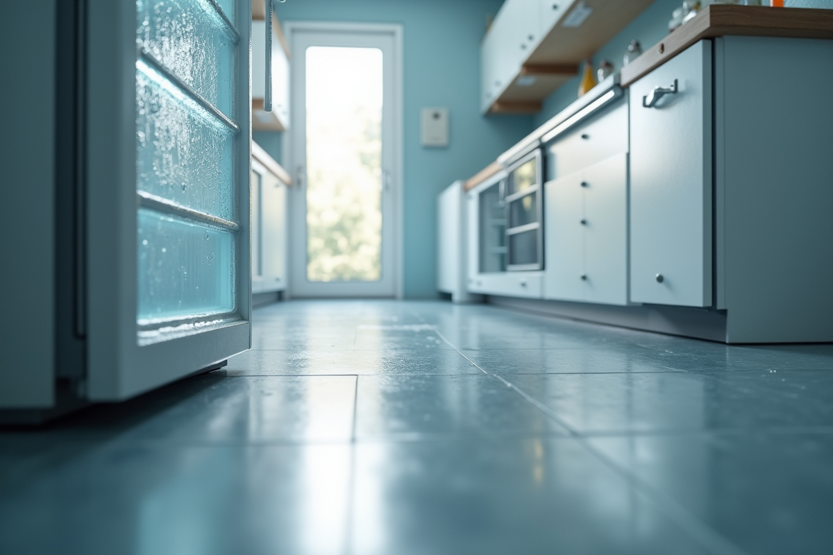 Porte de freezer ouverte dans une cuisine lumineuse