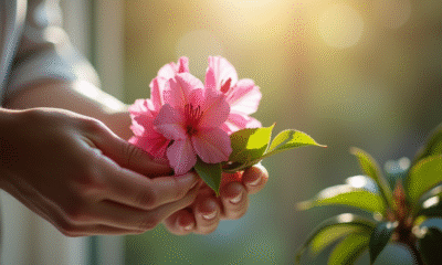 Mains délicates prenant une branche de rhododendron en gros plan