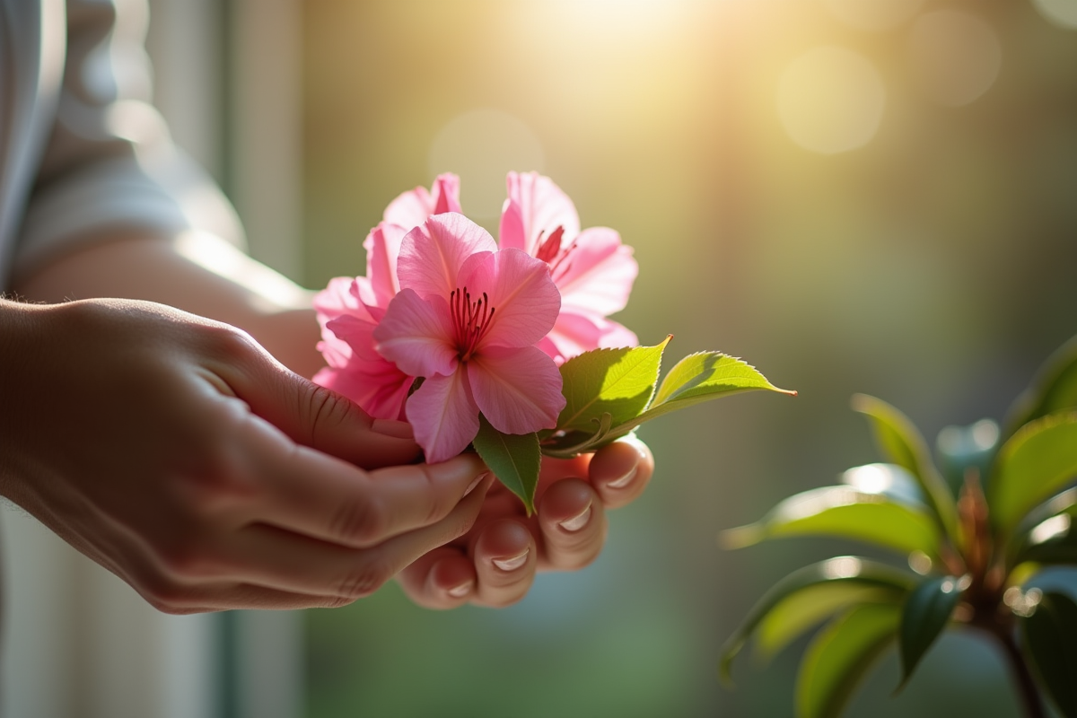 Mains délicates prenant une branche de rhododendron en gros plan