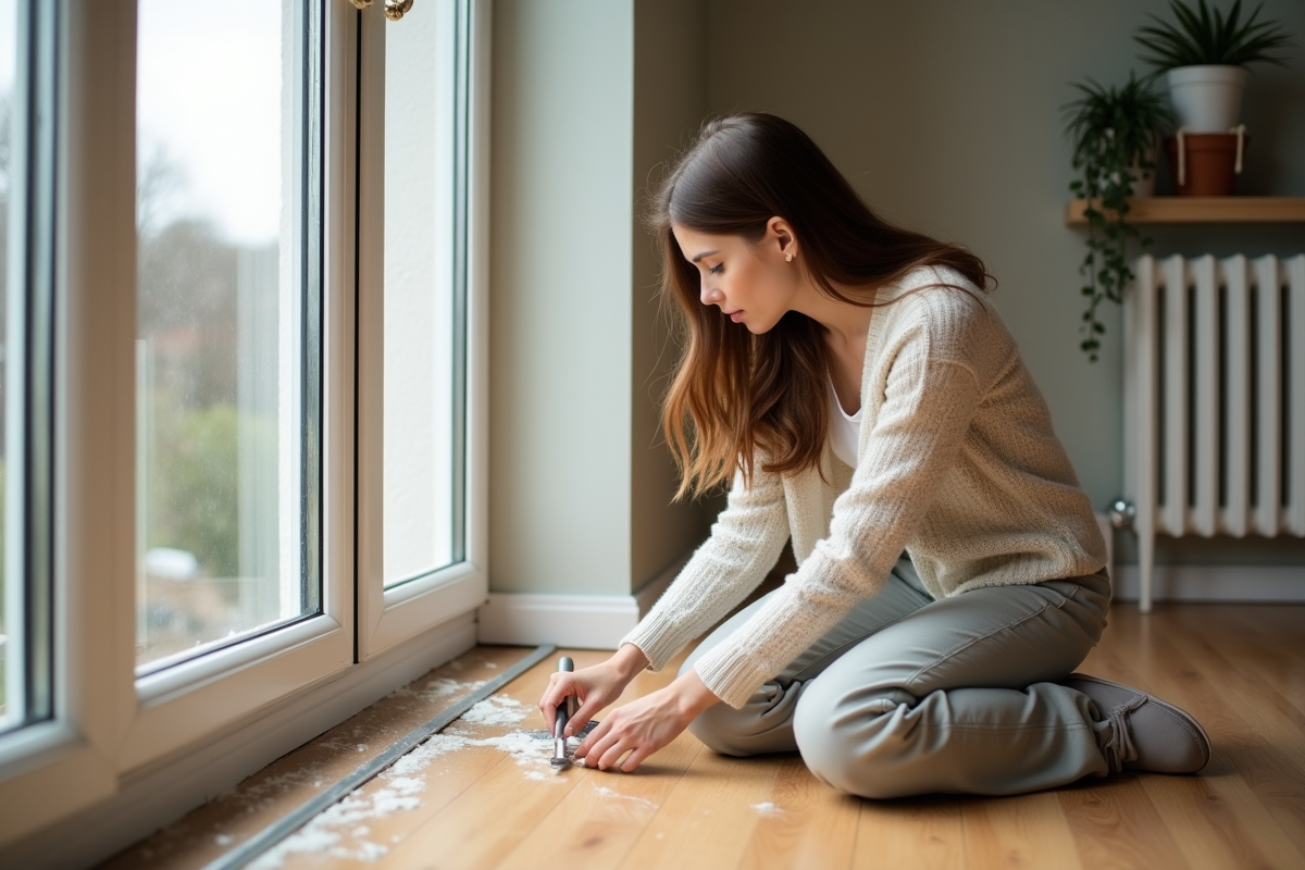 Jeune femme remplissant un joint de fenêtre avec de la pâte à modeler